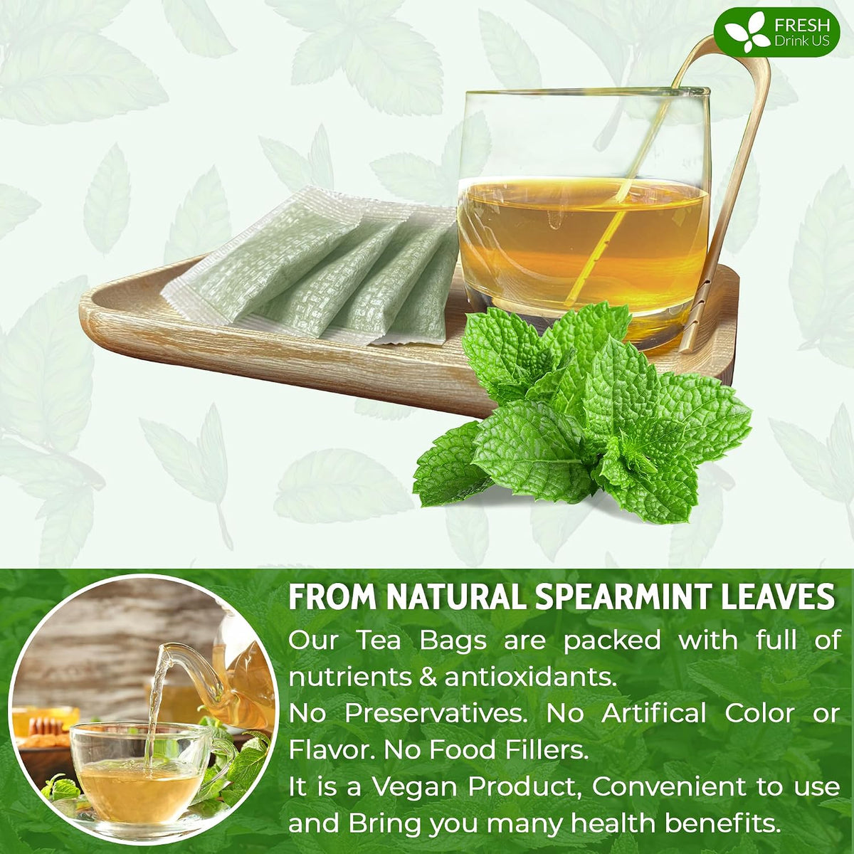 Spearmint Tea Bags, 100% Natural & Pure Spearmint Leaves. Loose Leaf Spearmint Herbal Tea. Spearmint Leaf Tea. No Sugar, No Caffeine, No Gluten, Vegan.