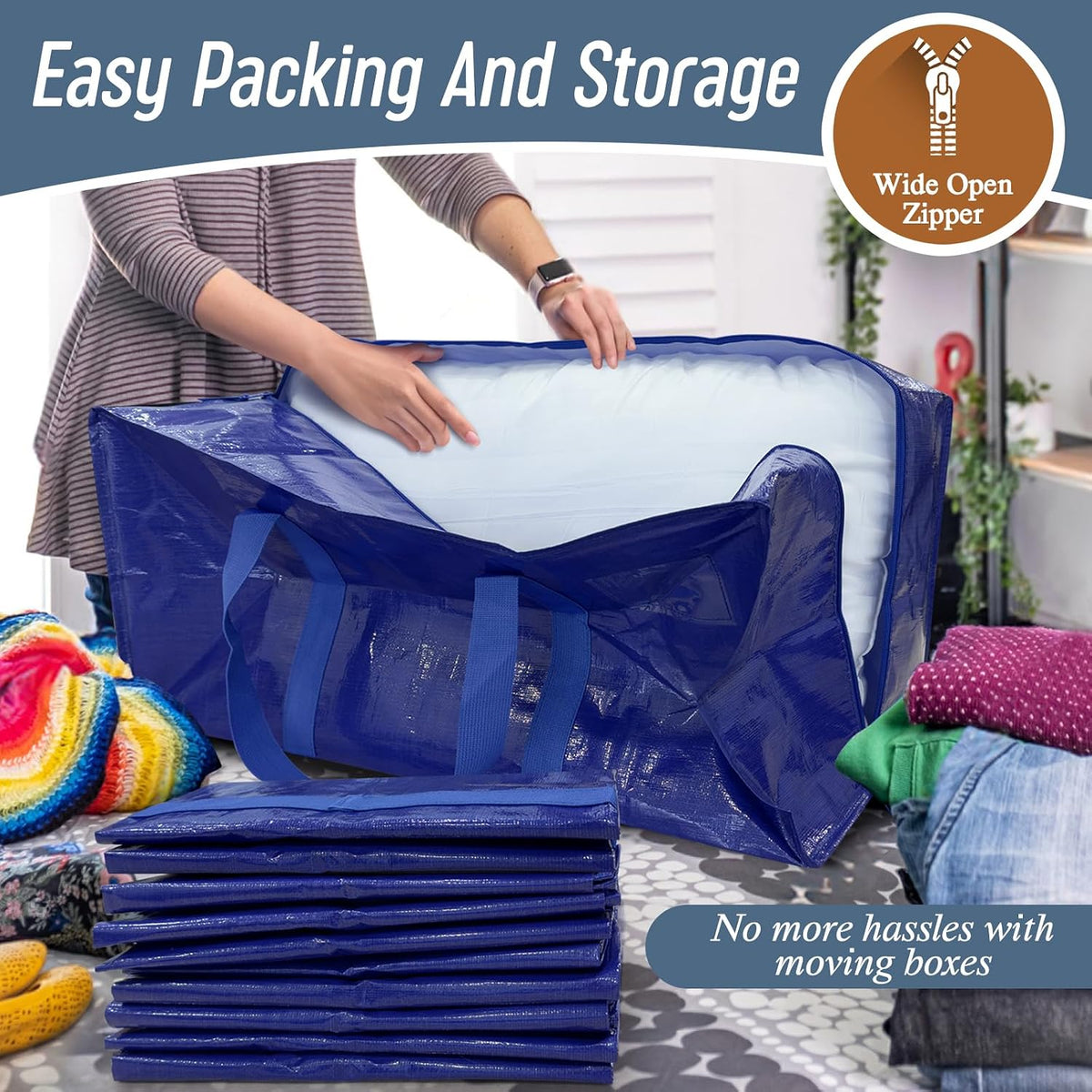 Extra Heavy Duty Large Moving Bags with Strong Zipper, Dark Blue