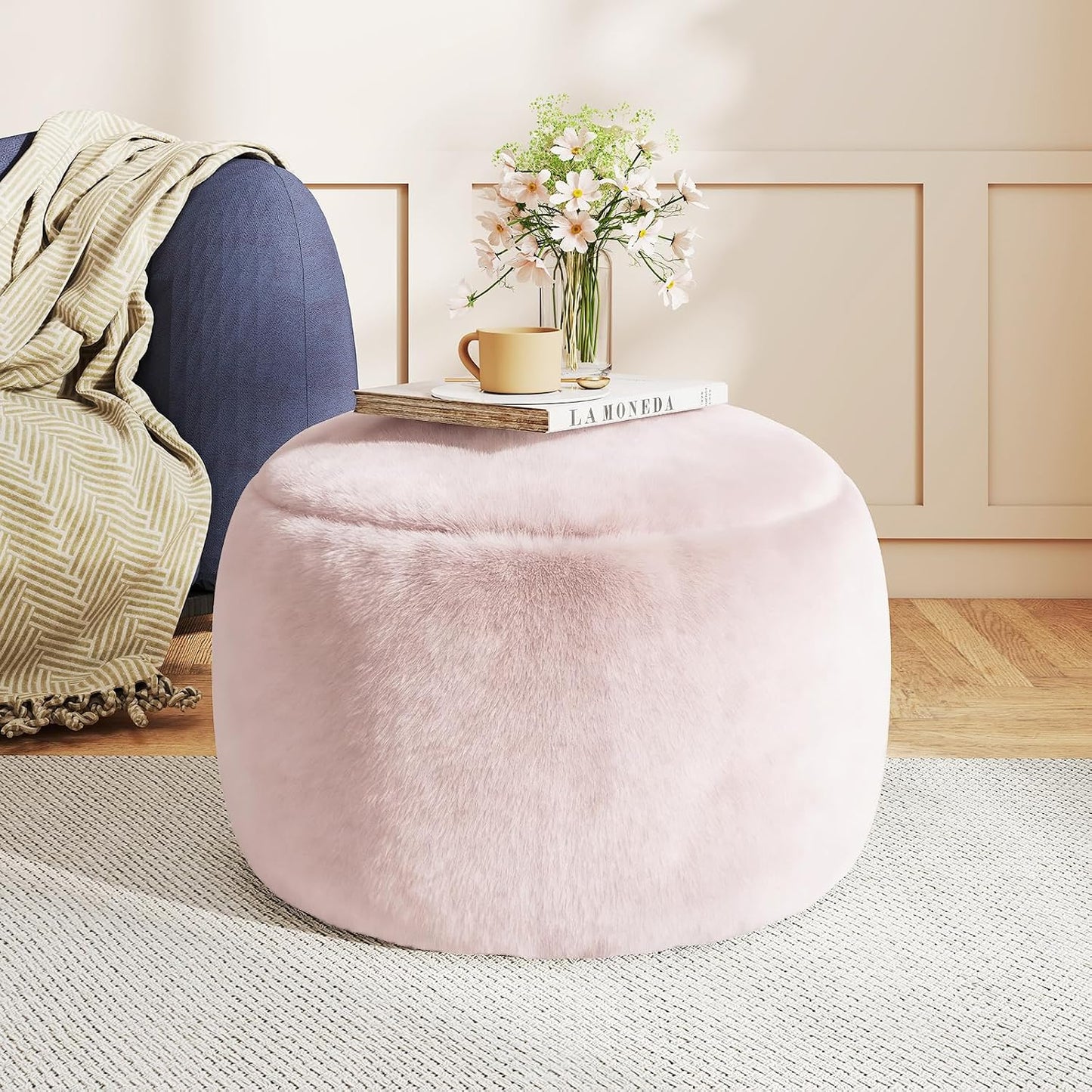 Round Stuffed Pouf Ottoman Foot Rest, Faux Fur Poufs with Memory Foam Filling, Ottomans for Living Room, Nursery, Dorm, Soft Foot Stool Ottoman for Couch, Perfect for Resting Your Feet (Grey, 20 Inch)