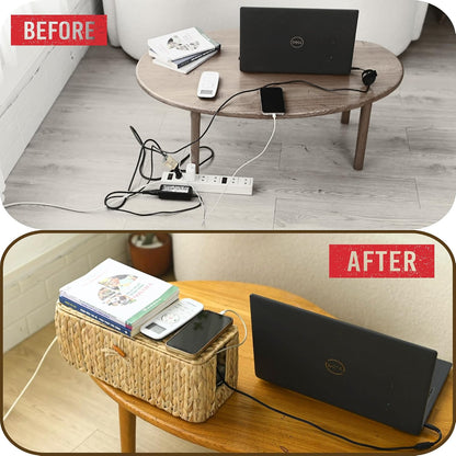 Wicker Cable Management Box Set of 2 with Lid, 15 in, Natural