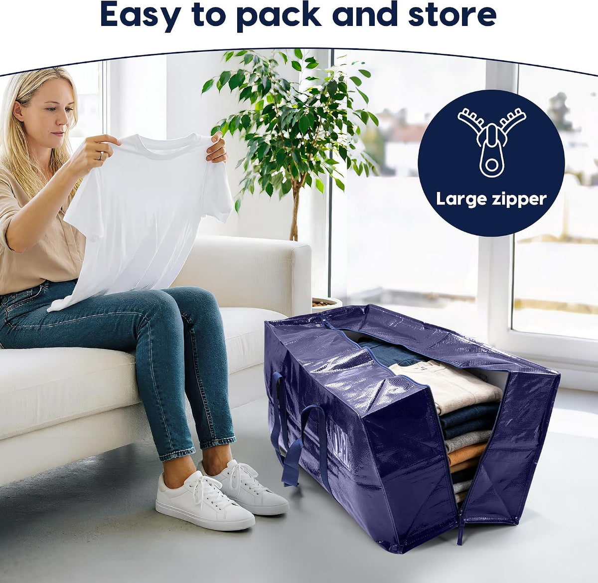 Moving Bags Heavy Duty 210GSM with Full-Open Side Zipper, 93L 220lbs Waterproof Foldable Storage Totes for College Dorm Move-In, Moving Boxes Alternative & Home Organization, Blue