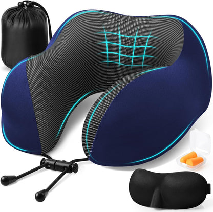 ExploreBliss Travel Pillow, Travel Pillows for Sleeping Airplane, Neck Pillow Airplane, Memory Foam Neck Pillow Set with Eye Mask, Earplugs and Storage Bag -Grey