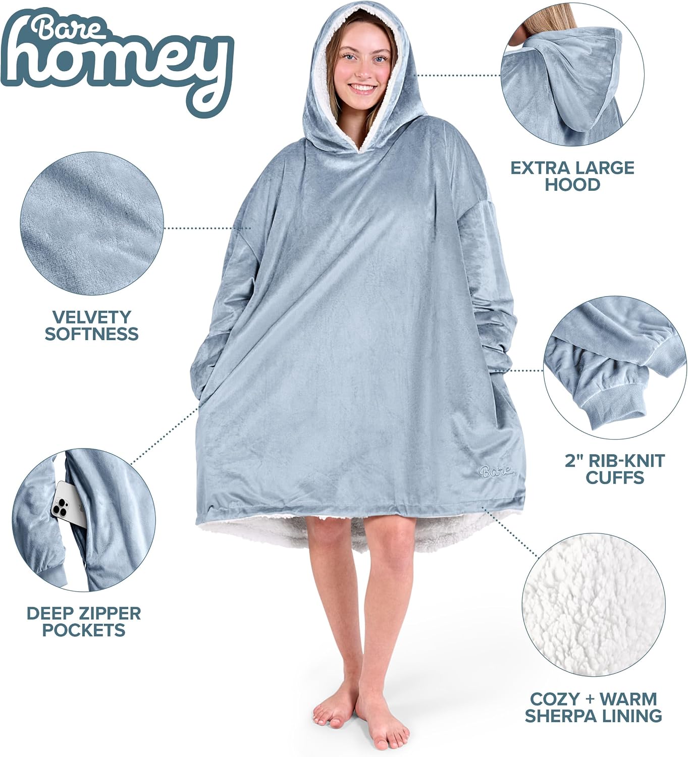Bare Home Wearable Blanket Hoodie - Soft Plush Sherpa - Warm and Cozy - Oversized Wearable Blanket