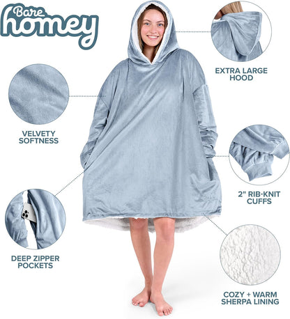 Bare Home Wearable Blanket Hoodie - Soft Plush Sherpa - Warm and Cozy - Oversized Wearable Blanket