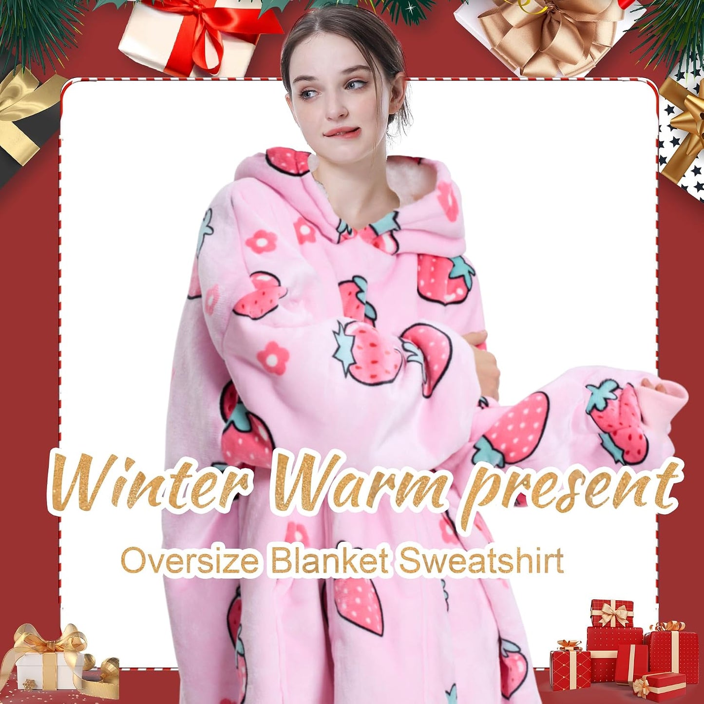 Aemicion Strawberry Blanket Hoodie,Oversized Sherpa Wearable Hooded Blanket,Warm Cozy Sweatshirt Gifts for Women Girls Adult
