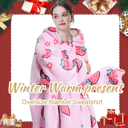 Aemicion Strawberry Blanket Hoodie,Oversized Sherpa Wearable Hooded Blanket,Warm Cozy Sweatshirt Gifts for Women Girls Adult