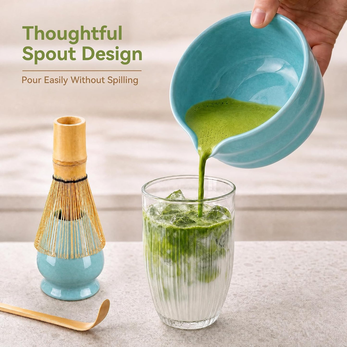 Matcha Whisk Set with Ceramic Bowl - Complete Matcha Making Kit, Bamboo Whisk (Chasen), Whisk Holder, Matcha Powder Sifter, Scoop, Japanese Tea Ceremony Tools（Green）