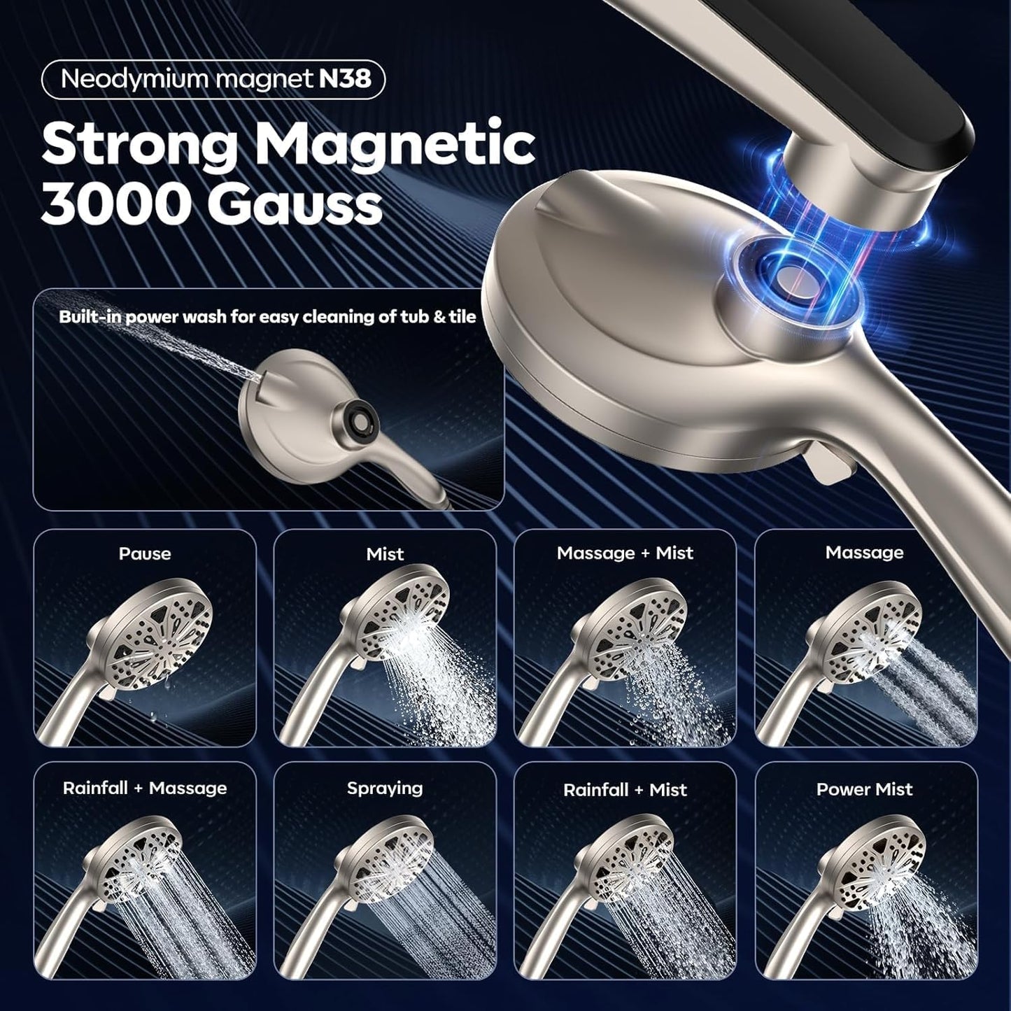 Rain Shower Head with filtered Handheld High Pressure rainfall Shower Heads with Handheld Spray Combo Adjustable one-piece stand daul shower head Built-in Magnetic Docking and Power Jets