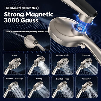 Rain Shower Head with filtered Handheld High Pressure rainfall Shower Heads with Handheld Spray Combo Adjustable one-piece stand daul shower head Built-in Magnetic Docking and Power Jets