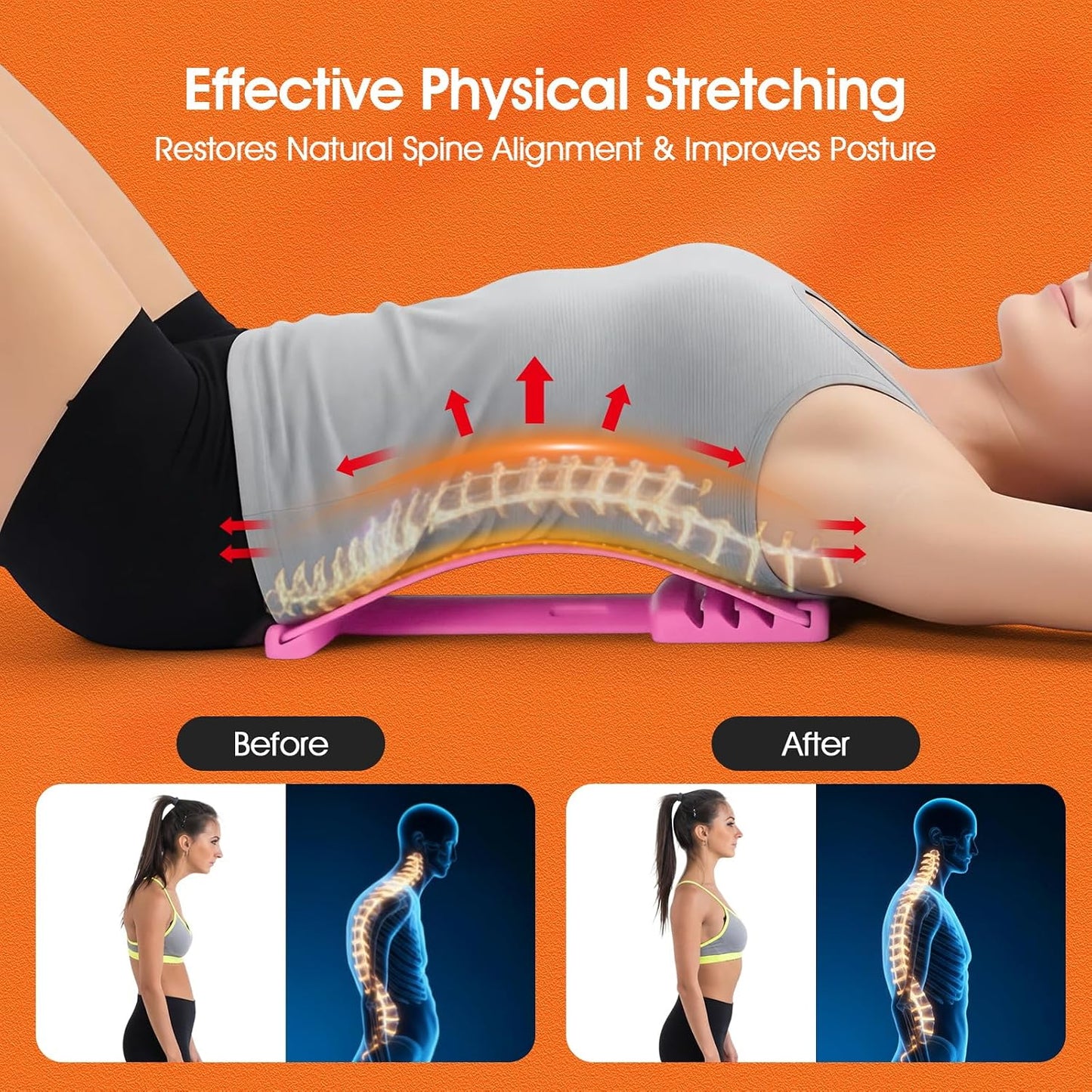 Premium Back Stretcher for Lower Back Pain Relief – 4-Level Adjustable Lumbar Support Board with Soft EVA Massage Strip – Durable & Portable Back Cracker to Release Tension and Reset Your Day (Black)