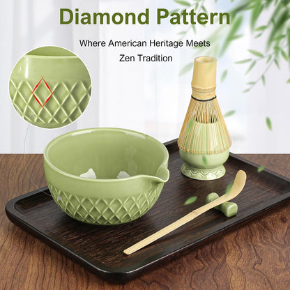 Matcha Whisk Set, 7 Pcs Matcha Kit, Ceramic Matcha Set Includes Matcha Bowl with Spout, Matcha Whisk and Holder, Bamboo Scoop, Scoop Rest, Sifter and Tea Towel (Ceramic White)