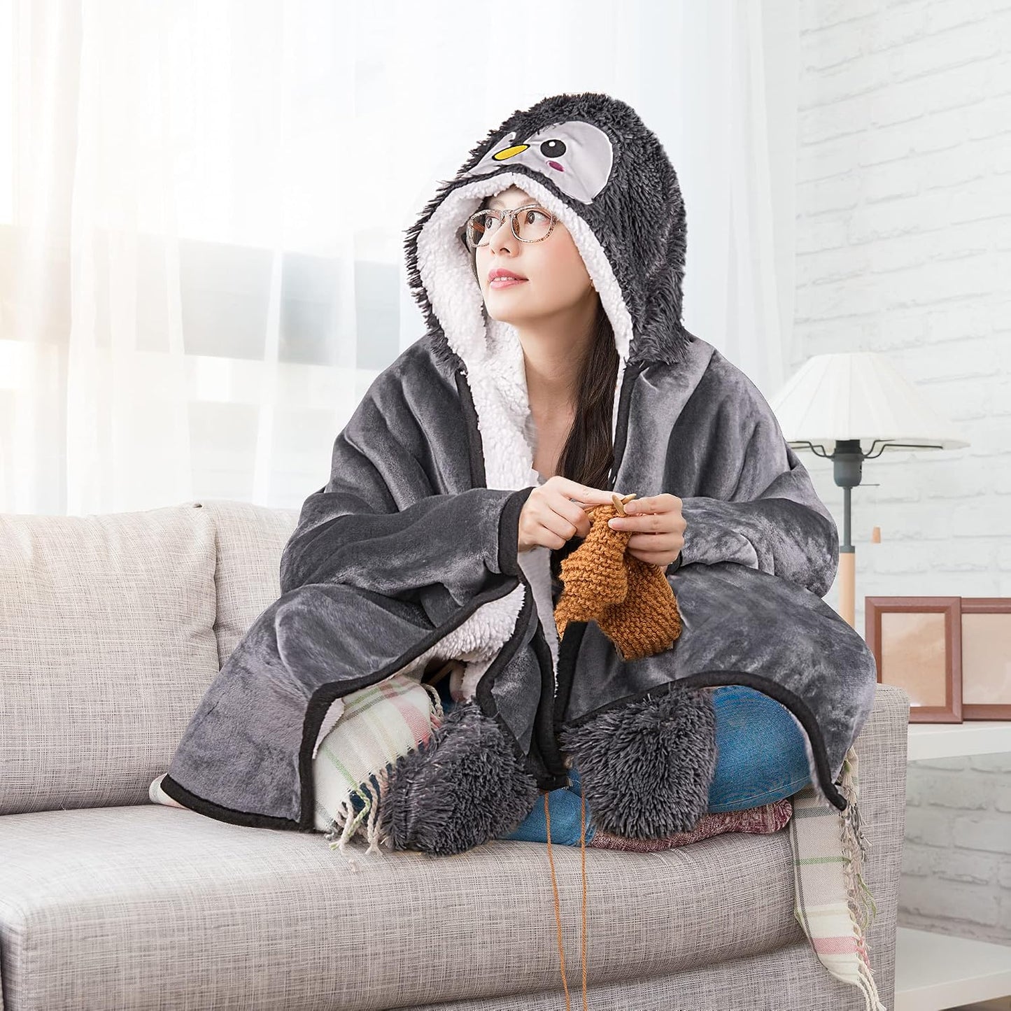 Penguin Wearable Hooded Blanket for Adults – Super Soft Warm Cozy Plush Flannel Fleece & Sherpa Hoodie Throw Cloak Wrap - Penguin Gifts for Women Adults Girls and Kids