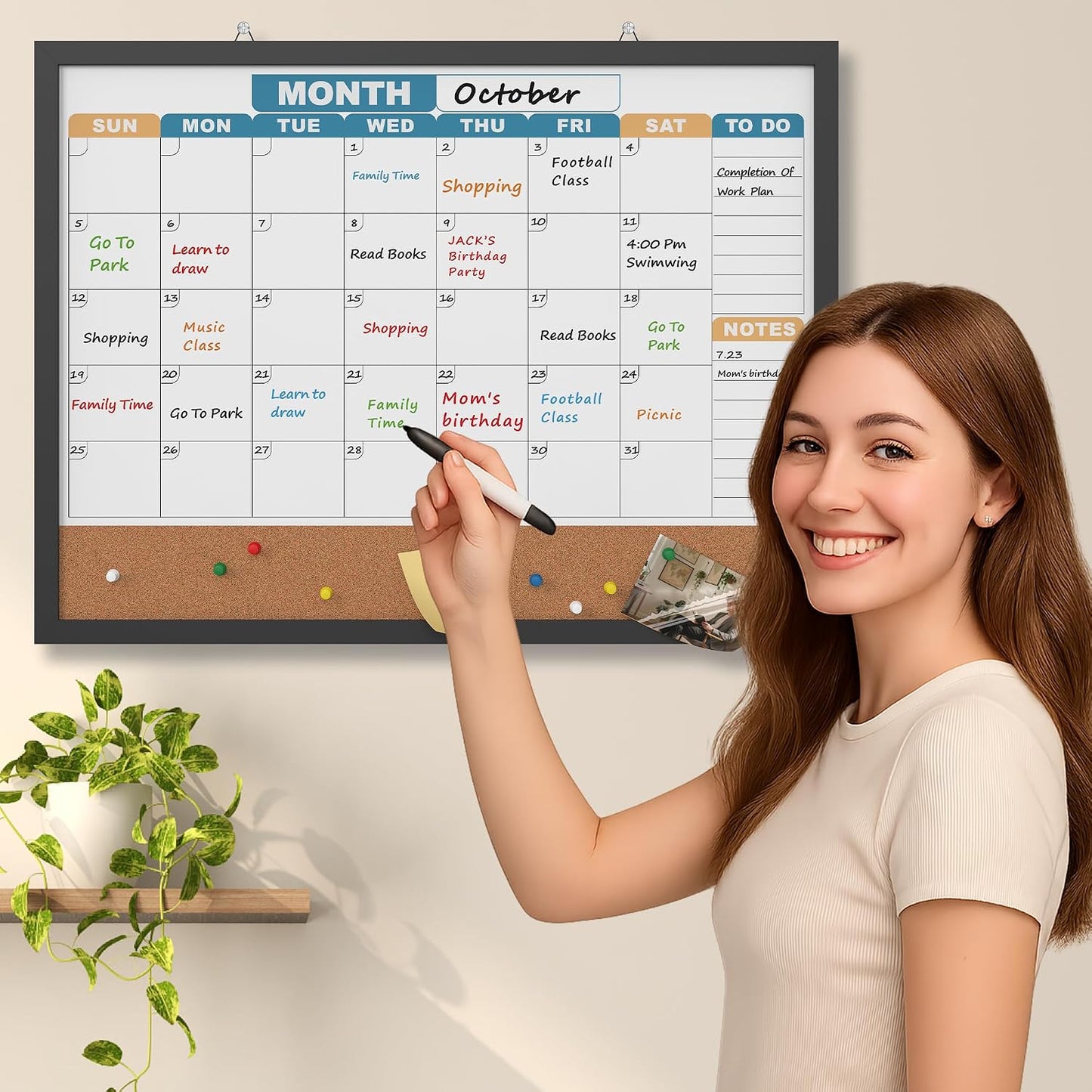 Monthly Calendar Dry Erase Board 16x12 Inch, Double-Sided Whiteboard and Corkboard Combo, Wall Mounted Planner Organizer with Markers, Magnets, Push Pins, Eraser, for Home Office School