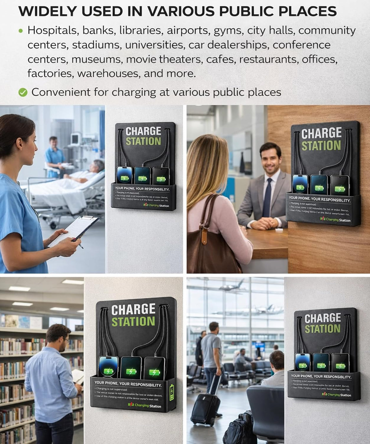 Commercial Wall Mounted Cell Phone Charging Station with 6 Charging Cables
