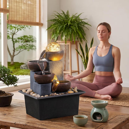 Tabletop Fountain 4 Level Tabletop Waterfall Indoor Meditation Fountain Office Home Relax Desktop Waterfall Includes Many Natural River Rocks LED Lights Bubble Ball Great Choice as Festival Gifts