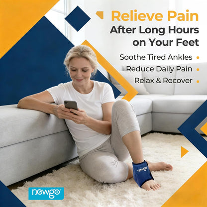 NEWGO Ankle Ice Pack Wrap for Swelling & Pain Relief, Reusable Hot Cold Gel Packs, Adjustable Brace for Plantar Fasciitis, Achilles Tendonitis, Heel Spur, Sprained Injuries - Up to 75kg Men Women