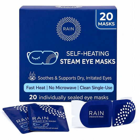 Rain - Heated Eye Mask for Dry Eyes, Self Heating Steam Eye Masks Disposable, Warm Compress for Eyes, Stye Treatment, Moist Heat, Unscented, No Microwave, Travel Ready (20 Masks)