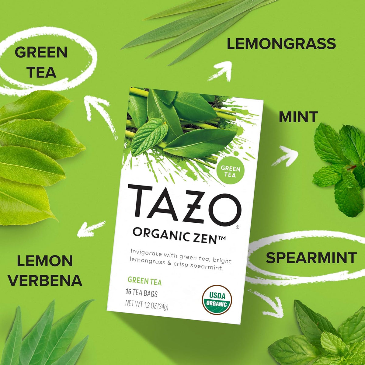 TAZO Organic Zen Green Tea Bags, 96 Total Tea Bags (16ct - Pack of 6)