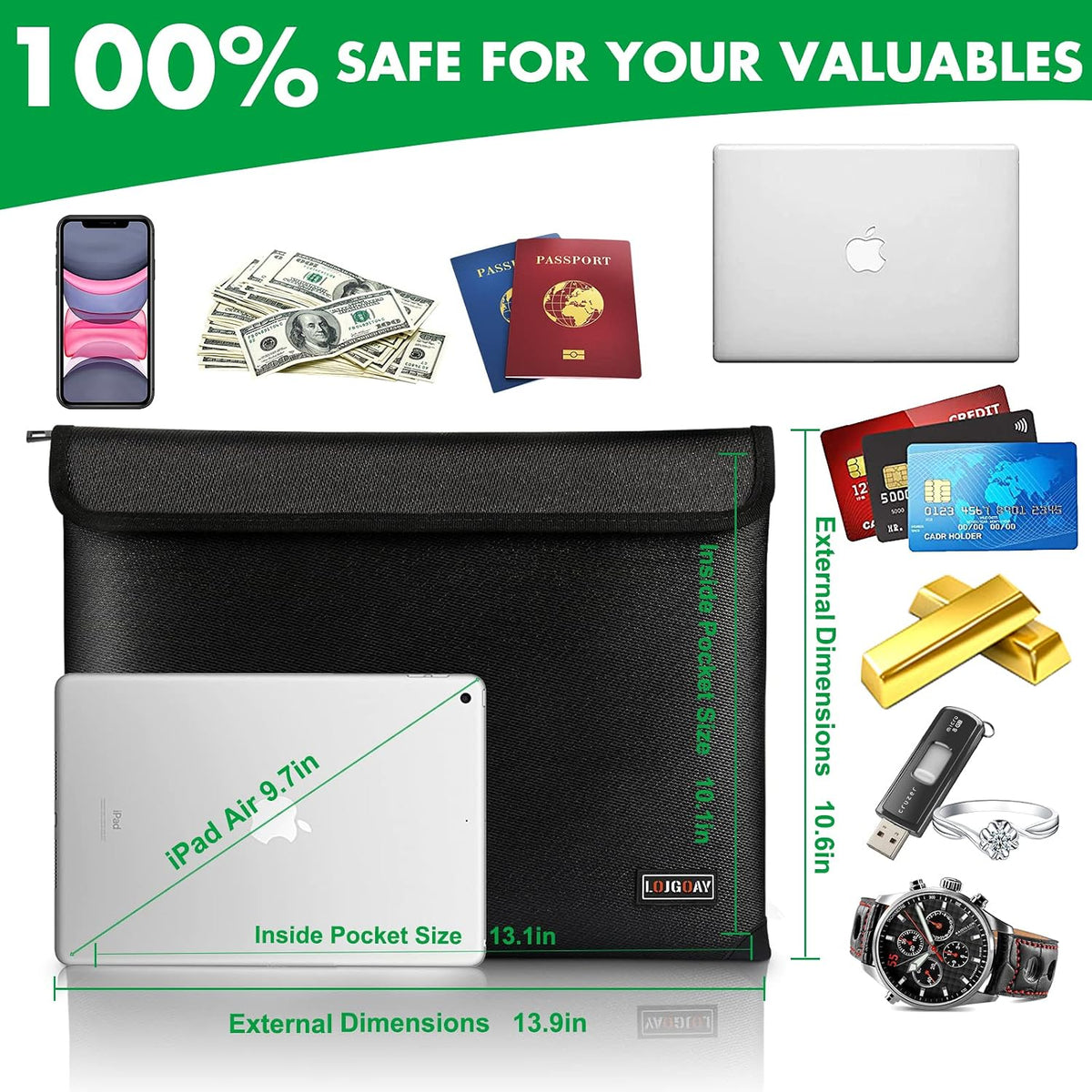 Fireproof Document Bag - with 5200°F Heat Insulated, Waterproof Fireproof Bag with Zipper, 8 Layers of Functional Materials, Fireproof Money Bag for Cash/Documents/Valuables, Fire bag 11"x7.7"