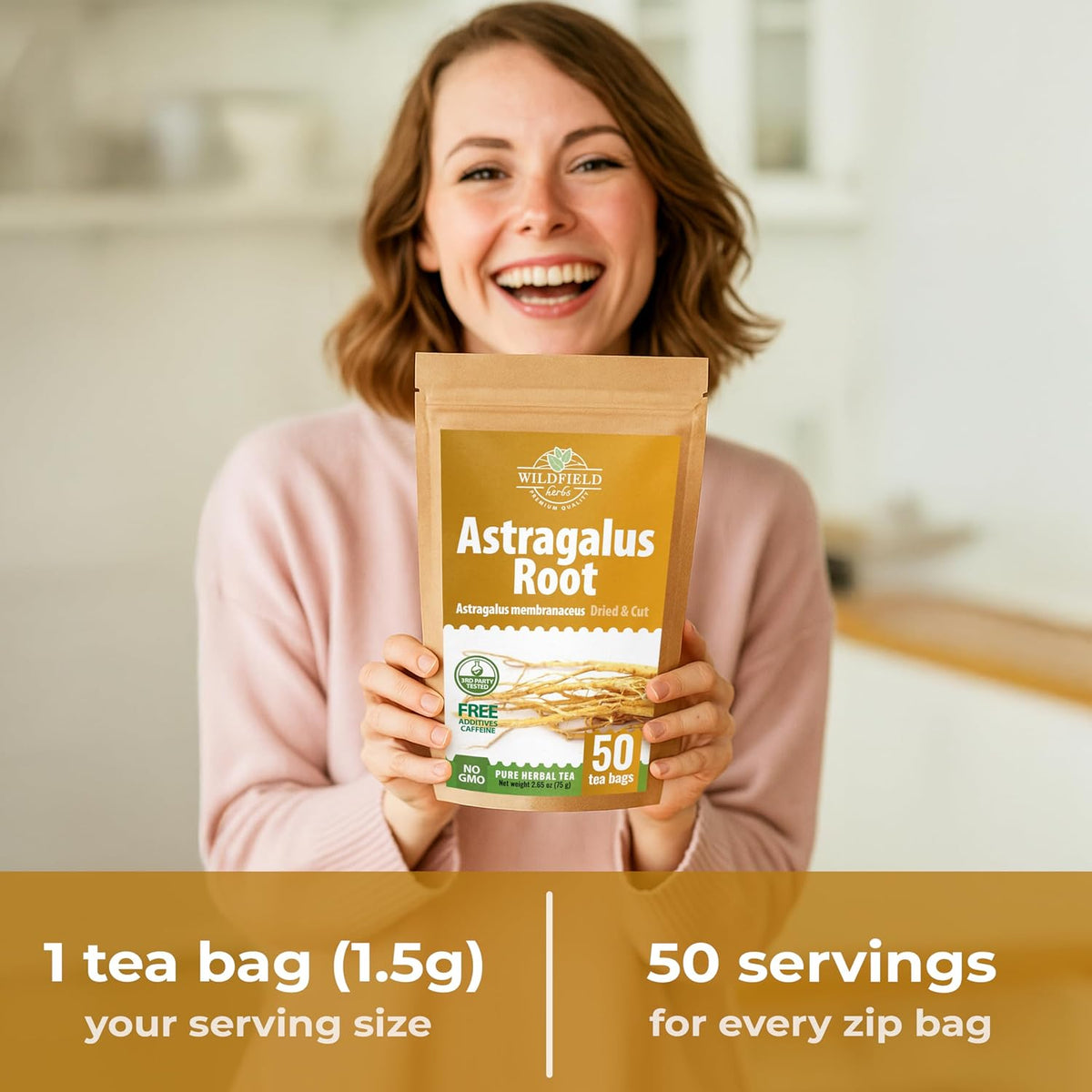 WILDFIELD HERBS 50 Bags Astragalus Root Herbal Tea – 50 Tea Bags 1.5g Astragalus Root Huang Qi