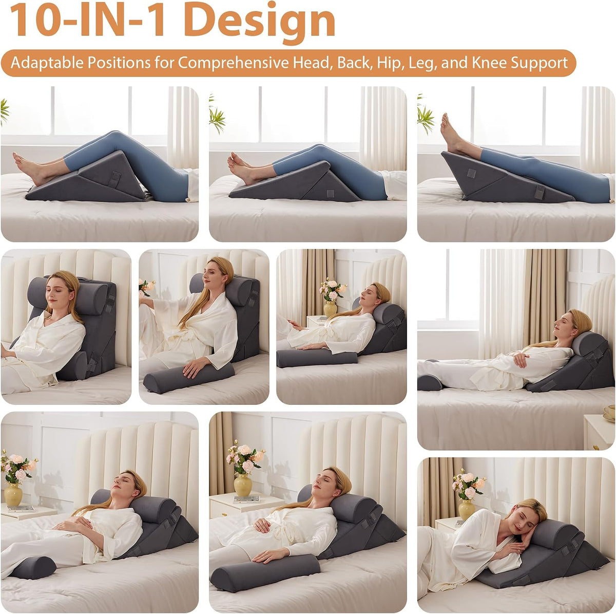 BIEEZZK Wedge Pillow Set for After Surgery, Wedge Pillow for Acid Reflux, Bed Wedge Pillow with Adjustable 9&12inch for Headboard,Sleeping, Orthopedic Memory Foam for Neck&Back Support, White/Grey
