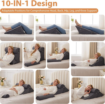 BIEEZZK Wedge Pillow Set for After Surgery, Wedge Pillow for Acid Reflux, Bed Wedge Pillow with Adjustable 9&12inch for Headboard,Sleeping, Orthopedic Memory Foam for Neck&Back Support, White/Grey