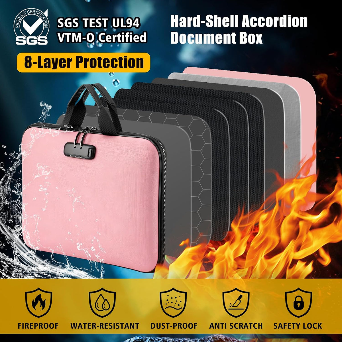 facka Fireproof Document Organizer Box with Lock, 13 Pocket Safe File Bag