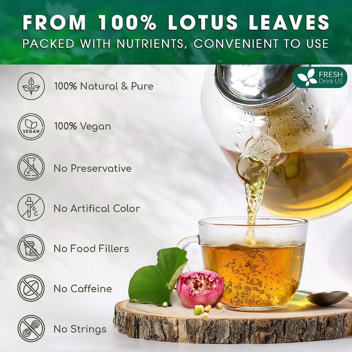 FreshDrinkUS, Premium Lotus Leaf Tea Bag, 75 Count, Pure, Caffeine Free
