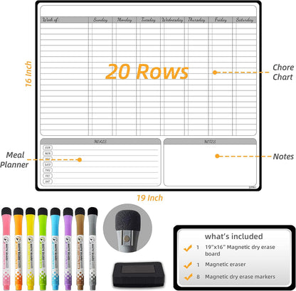 JJPRO Magnetic Dry Erase Chore Chart for Adults:Large Whiteboard16 x19-Chore Chart,Calendar,Meal Board Notes All-in-One,Behavior Chart,Teenagers,White
