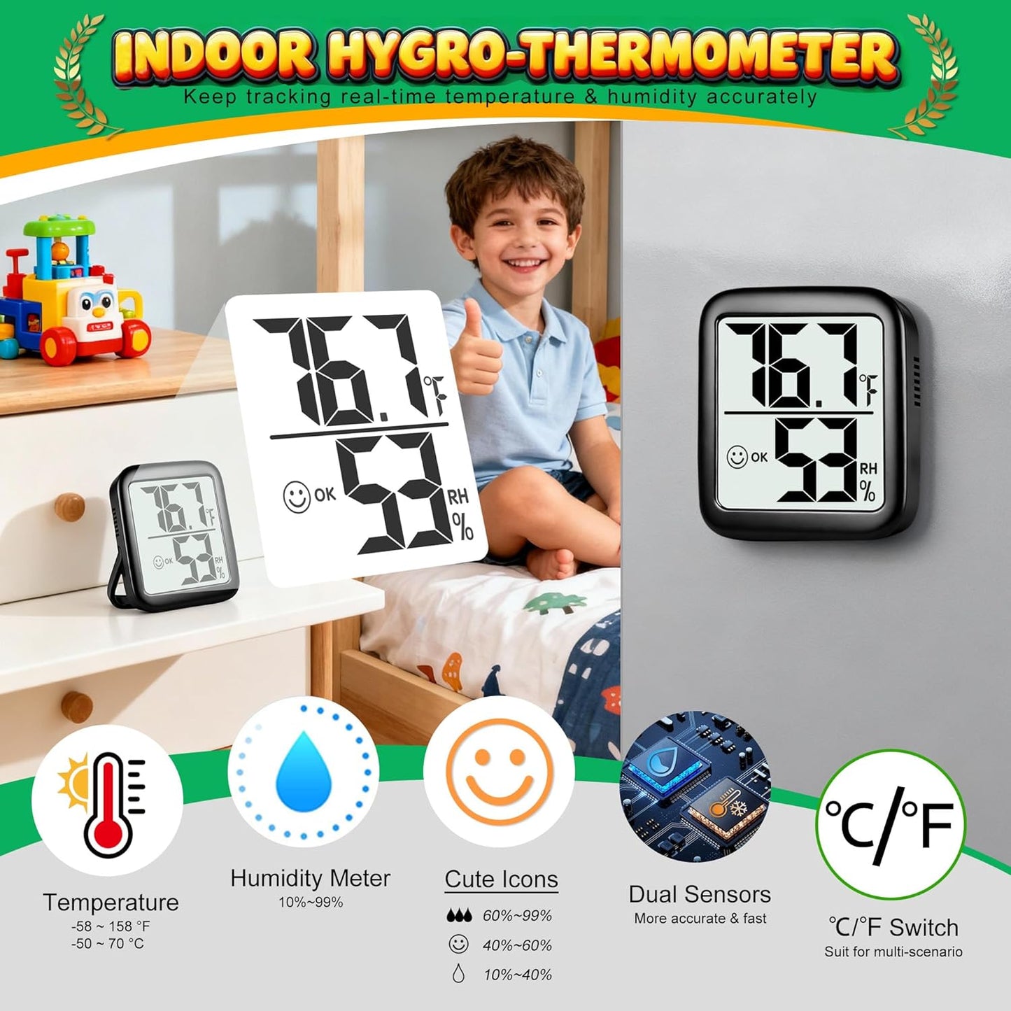 Antonki 2 Pack Room Thermometer for Home, Hygrometer Indoor Humidity Meter Gauge, Digital Temperature and Humidity Monitor Sensor for House, Terrarium, Incubator, Greenhouse - Battery Included