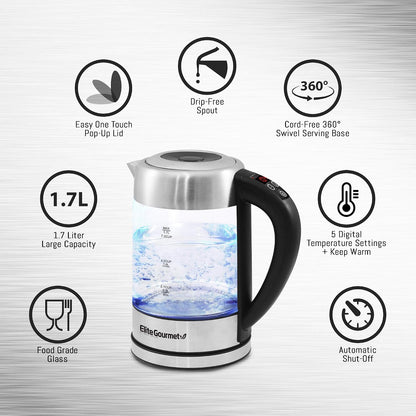 Elite Gourmet EKT5051 1.7L Electric Water Kettle, BPA-Free, Fast Boil, Auto Shut-Off, Boil-dry Protection, 360° Swivel Base with Cordless Serving, Clear-view Window with Water Level Markings, Black