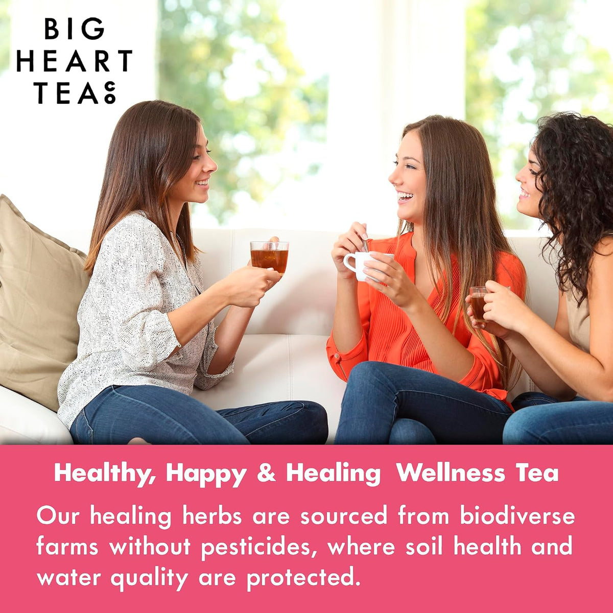 Big Heart Tea Co. Tea Bags - Blushing Pink Hibiscus - Certified Organic, Naturally Sweet Ayurvedic Herbal Decaf Tea with Small Batch Ground Herbs - Adaptogenic Tulsi and Lemongrass, 10 Tea Bags