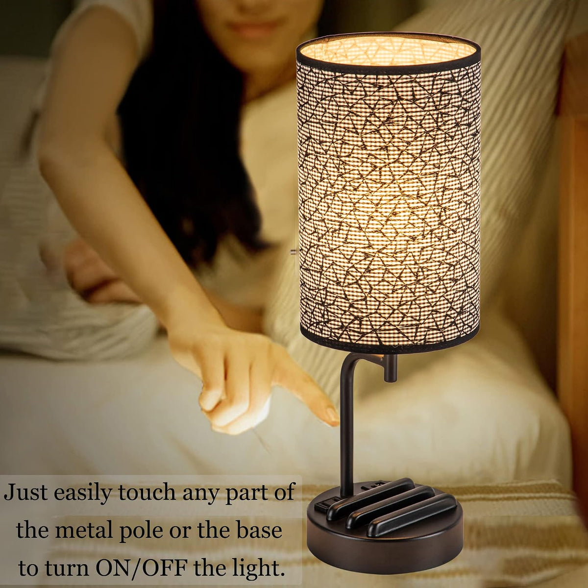 Dreamholder Touch Control USB Table Lamp, Upgraded 3-Way Dimmable Bedside Desk Lamp with USB C & A Charging Ports and AC Outlet, Nightstand Lamp for Bedroom, Dimmable 9W LED Bulb Included