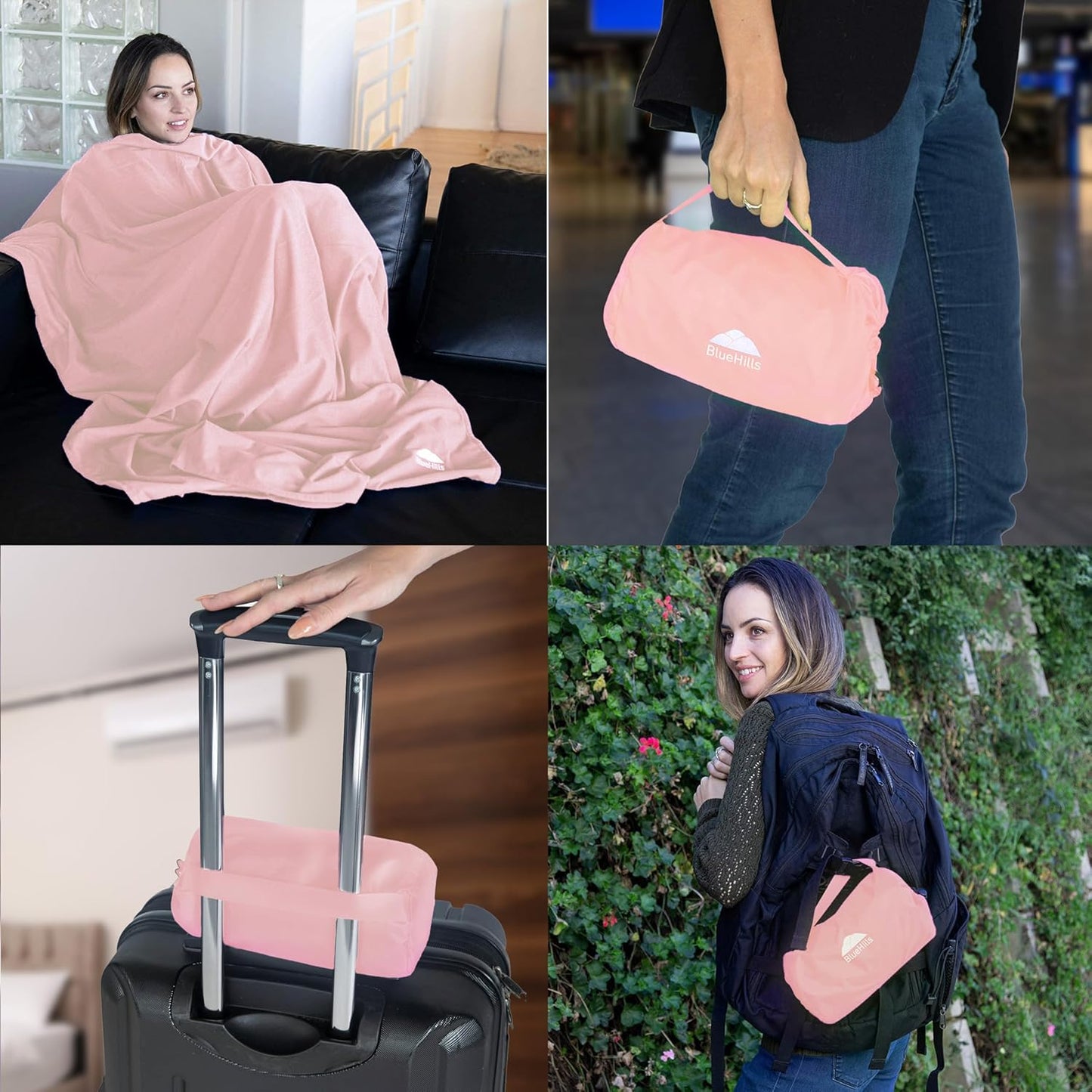 BlueHills Travel Blanket Pillow Compact Lightweight Pocket Size Airplane Traveling Essential Flight Trip Throw in Bag Portable Case Plane Accessory Gray L01