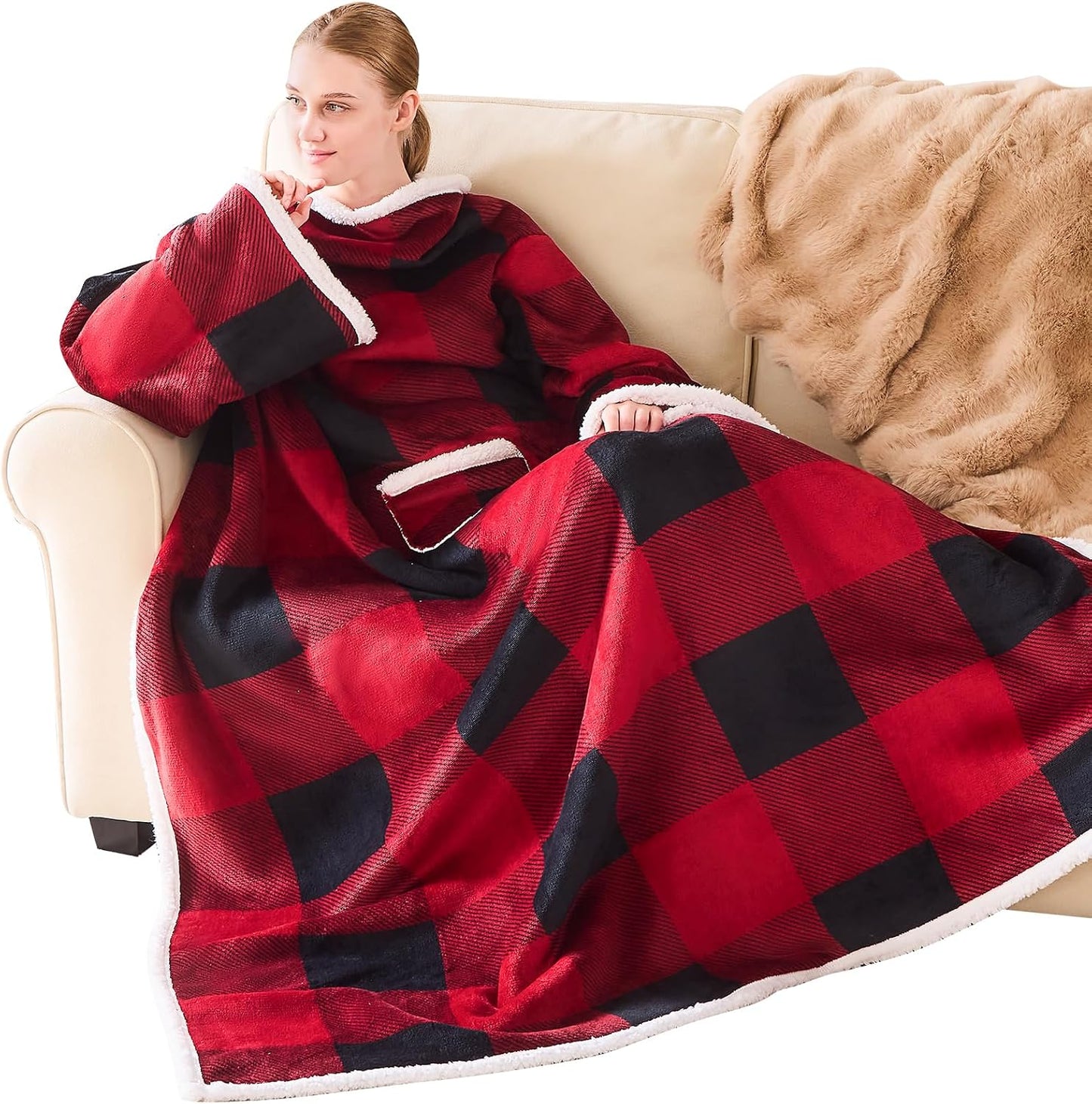IFNOW Sherpa Wearable Blanket with Sleeves for Women Men Adults, Christmas Birthday Gifts for Women Mom Wife, Cozy Wearable Blanket with Arm and Pocket, Warm Full Body TV Wrap Throw Blanket, Grey