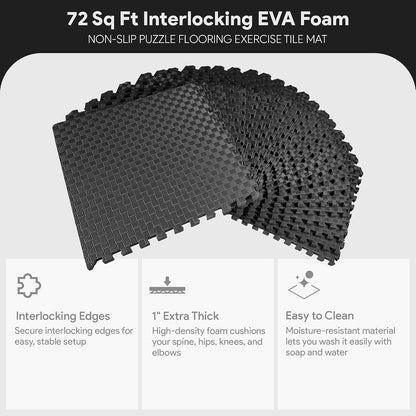 BalanceFrom Puzzle Exercise Mat 1/2" Thick, EVA Interlocking Foam Floor | Tiles for Home Gym, Mat for Home Workout Equipment, Floor Padding for Kids, Black, 24 in x 24 in x 1/2 in, 144 Sq Ft-36 Tiles