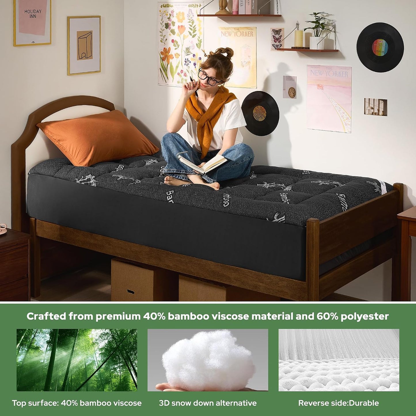 BEDLORE King Mattress Topper Viscose Derived from Bamboo, Thick Pillow Top Mattress Pad with Stretchable Pockets for 6"-18" Mattress, Soft Breathable Mattress Topper for Back Pain Relief(Dark Gray)