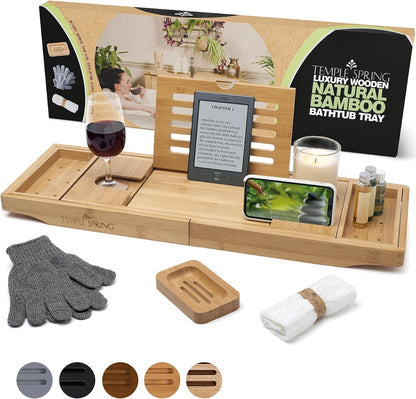 Temple Spring Bamboo Bathtub Tray Caddy for Tub — Expandable Wood Bath Tray with Solid Book Stand Wine Holder and Non-Slip Pads — Includes Bamboo Soap Dish and Spa Accessories — Luxury Bath Gift Set
