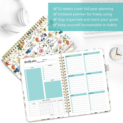 Taja Undated Weekly Planner, Weekly To Do List Notebook with Goal & Habit Tracker Organizer, A5 Weekly Planner Notebook with Spiral Binding, 6.1" x 8.2" - Green
