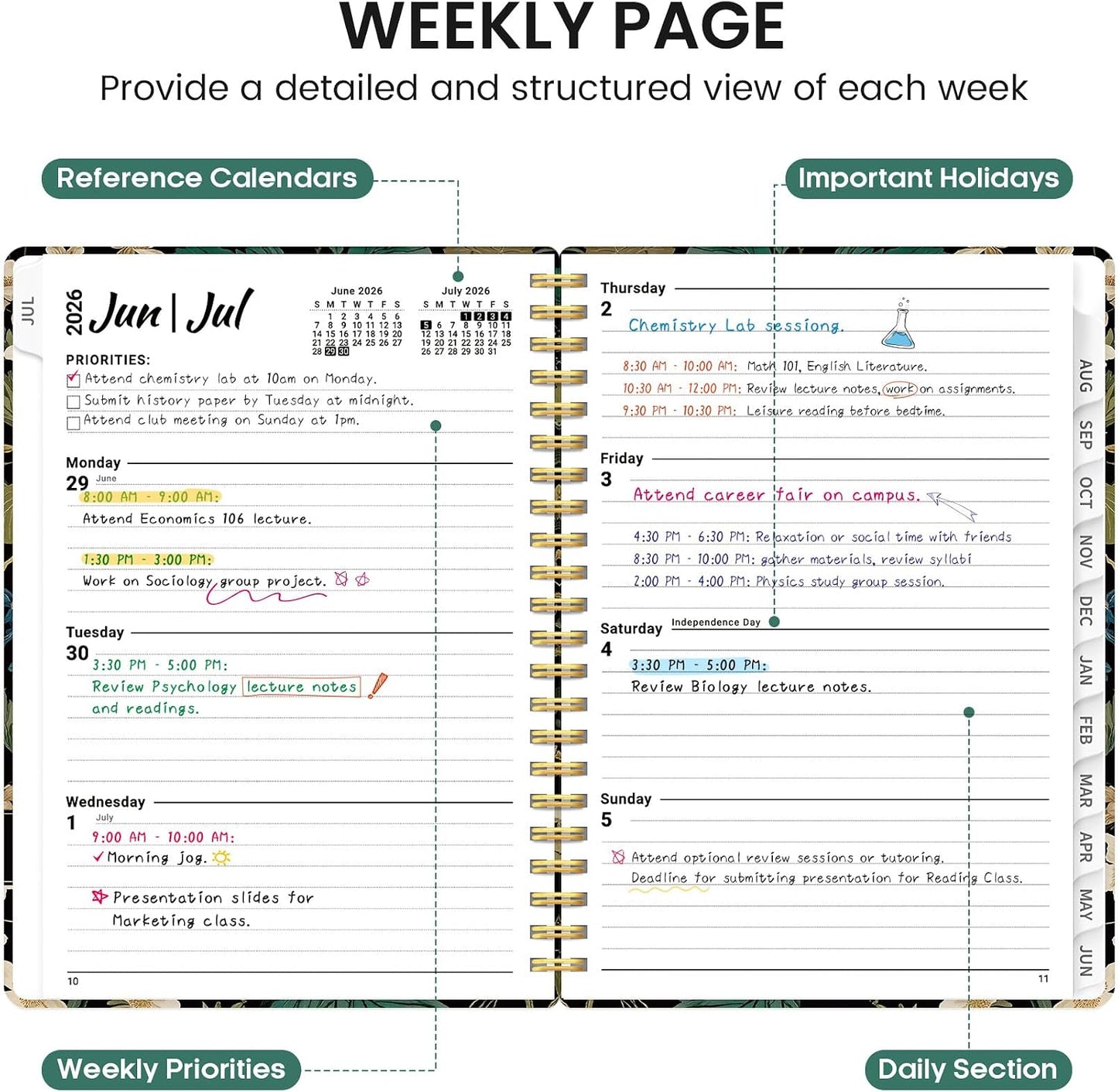 Planner 2026-2027, Academic Monthly and Weekly Calendar Planner for Women, July 2026 - June 2027, Hardcover Pretty Agenda Planner Book with Tabs, Spiral Daily Organizer for School Office Home Supplies, 6.3" x 8.5" - Blue Floral