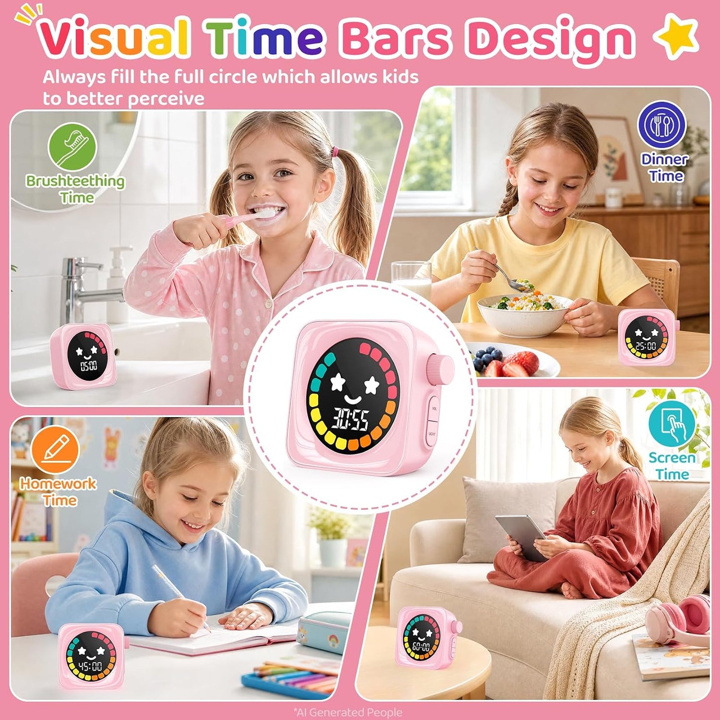 Visual Timer for Kids, 99 Minute Digital Cute Kids Visual Timer Classroom Timer for Homeschool Supplies Study Teaching Time Management Tool Countdown Productivity Timer, White, Colorful Display