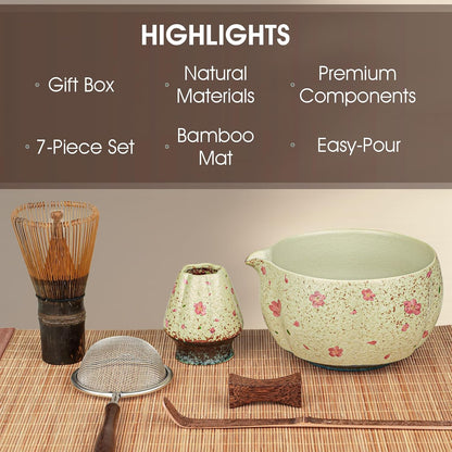 Matcha Whisk Set, 7-Piece Matcha Kit with Ceramic Bowl, Bamboo Whisk, Scoop, Sifter, Holder & Bamboo Mat – Premium Matcha Tea Set for Beginners & Matcha Lovers