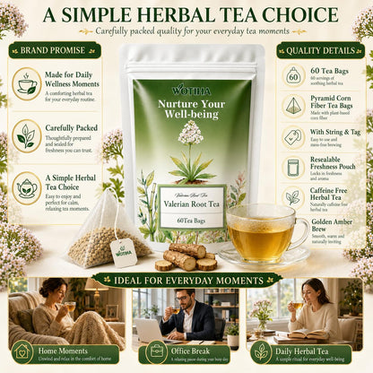 WOTIHA 60 Count Valerian Root Tea Bags - Pure Valeriana Herb for Bedtime Calm - Plant-Based Corn Fiber Pyramid Bags with String - Natural Earthy Flavor, Caffeine Free Herbal Tea
