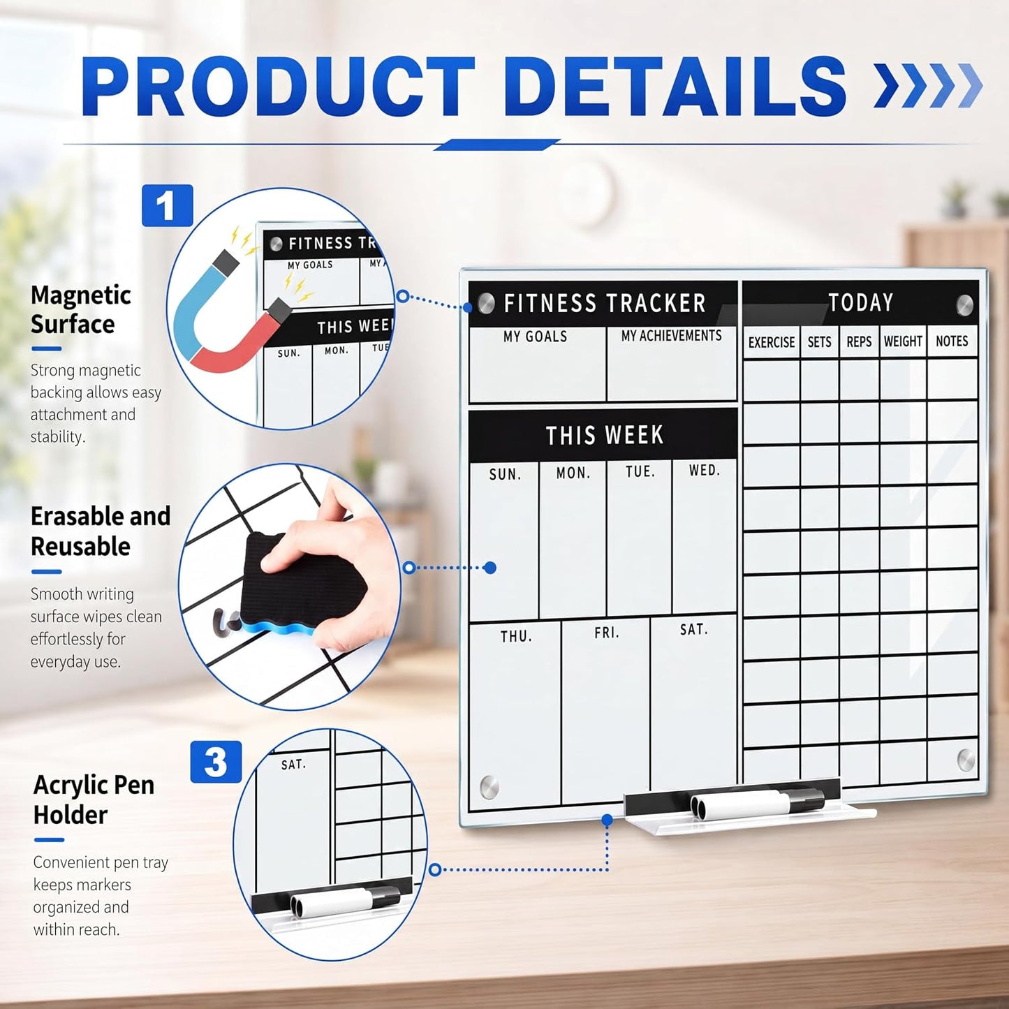 Lincia 24 x 18 Inch Glass Workout Whiteboard for Home Gym, Dry Erase Fitness Planner Board, Weekly Exercise Tracker and Goal Chart, Frameless Wall Mounted Gym Whiteboard with Markers, Eraser and Tray