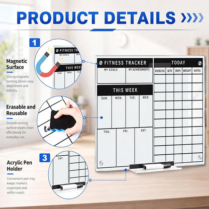 Lincia 24 x 18 Inch Glass Workout Whiteboard for Home Gym, Dry Erase Fitness Planner Board, Weekly Exercise Tracker and Goal Chart, Frameless Wall Mounted Gym Whiteboard with Markers, Eraser and Tray