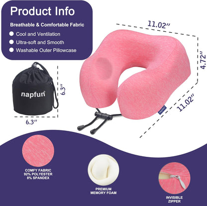 napfun Neck Pillow for Traveling, Upgraded Travel Neck Pillow for Airplane 100% Pure Memory Foam Travel Pillow for Flight Headrest Sleep, Portable Plane Accessories, Light Grey