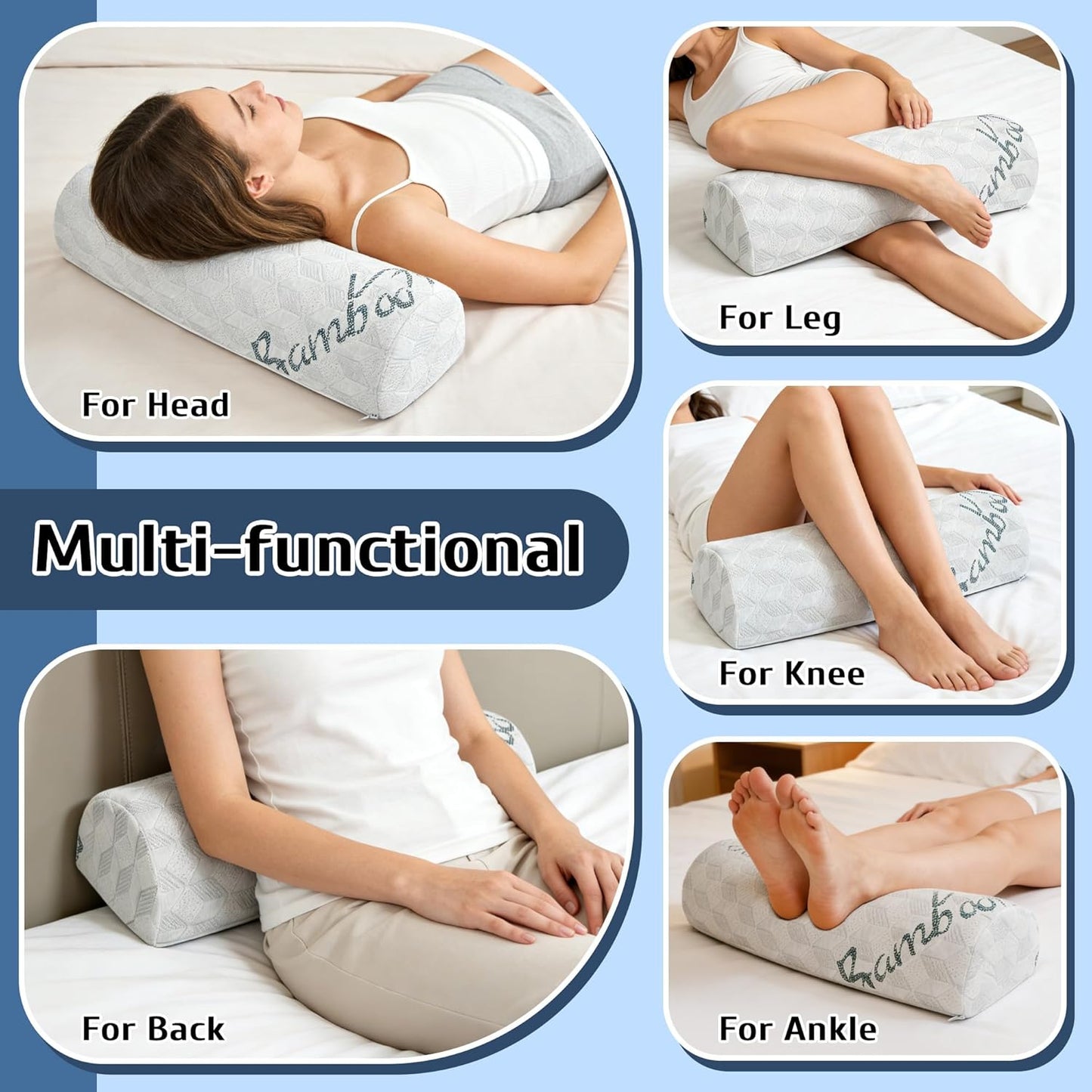 Semi Roll Pillow, Under Knee Pillow | Under Leg Bolster for Lower Back Support, Half Moon Bed Pillow for Leg, Knee,Back Sleeping, 7.8”x 20.4”x 4.8”