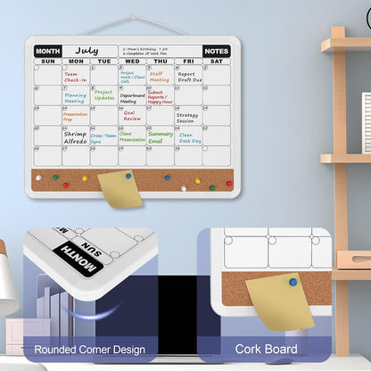 Monthly Calendar Dry Erase Board 16x12 Inch, Double-Sided Whiteboard and Corkboard Combo, Wall Mounted Planner Organizer with Markers, Magnets, Push Pins, Eraser, for Home Office School