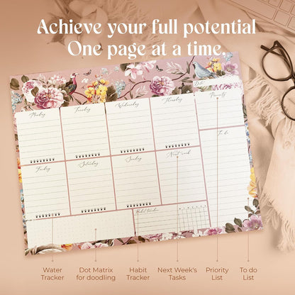 Peachly Desktop Weekly Planner Notepad | 60 Undated Tear-Off Pages | Schedule Daily To-Do Lists | Increase Your Productivity In Less Than 5 Minutes A Week | Achieve Your Goals | Peach and Mint Fern