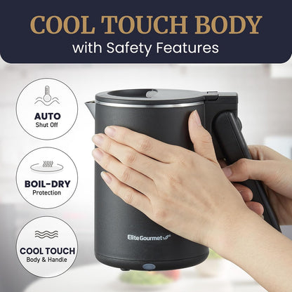 Elite Gourmet 1.7L Dual-Wall Cool-Touch Tea Kettle, Touchscreen, Black